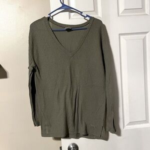 Green oversized waffle knit long sleeve v neck top